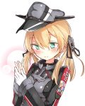  1girl anchor_hair_ornament aqua_eyes beize_(garbage) black_ribbon blonde_hair blush gloves hair_ornament hair_ribbon hands_together hat kantai_collection long_hair military military_uniform peaked_cap prinz_eugen_(kantai_collection) ribbon simple_background smile solo twintails uniform white_background white_gloves 
