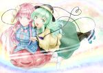  2girls bow bubble_skirt expressionless face_mask green_eyes green_hair hat hata_no_kokoro heart heart_of_string komeiji_koishi long_hair long_sleeves mask multiple_girls open_mouth pink_eyes pink_hair see-through shirt skirt smile third_eye touhou very_long_hair wide_sleeves y2 