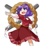  1girl dress fun_bo hair_ornament hand_on_hip long_sleeves mirror open_mouth outstretched_arm pillar purple_hair red_dress rope shimenawa short_over_long_sleeves smile solo touhou violet_eyes x yasaka_kanako 
