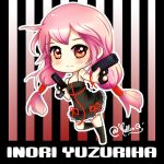  1girl bare_shoulders character_name chibi dual_wielding guilty_crown gun hair_ornament hairclip handgun long_hair looking_at_viewer pink_hair pistol red_eyes solo twintails weapon yuzuriha_inori 