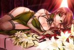  1girl alternate_costume bare_shoulders black_gloves blush bow braid breasts china_dress chinese_clothes cleavage elbow_gloves flower garter_straps gloves green_eyes hair_bow hong_meiling large_breasts long_hair looking_at_viewer lying moneti_(daifuku) on_side redhead smile solo thigh-highs touhou twin_braids 