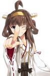  1girl ahoge bare_shoulders blush brown_hair detached_sleeves double_bun foreshortening grin hairband headgear highres kantai_collection kongou_(kantai_collection) long_hair looking_at_viewer myuton nontraditional_miko one_eye_closed outstretched_hand pointing pointing_at_viewer ribbon-trimmed_sleeves ribbon_trim simple_background smile solo violet_eyes white_background 