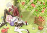  1boy 1girl apple atelier_(series) atelier_escha_&amp;_logy basket black_skirt bracelet chima_(angelique) escha_malier food fruit green_eyes hat hat_removed headwear_removed jacket jewelry logix_ficsario lying on_side pants pink_hair shoes short_hair sitting skirt smile sweater tail thigh-highs twintails white_hair white_legwear yellow_eyes 