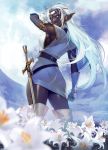  1girl absurdres breasts dark_skin elf flower gloves highres pirotess pointy_ears record_of_lodoss_war sideboob solo sword weapon white_hair 