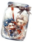  2boys archer blue_hair bottle bow chibi community666 fate/stay_night fate_(series) gae_bolg jar kanshou_&amp;_bakuya lancer multiple_boys polearm spear sword weapon white_hair 