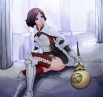  1girl armor blue_eyes breastplate brown_hair cape chestnut_mouth cosplay dragon&#039;s_dogma gauntlets greaves lace-up_thighhighs mercedes_marten npc pawn_(dragon&#039;s_dogma) shingata_pono short_hair sitting small_breasts solo staff 