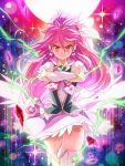  1girl aino_megumi crossed_arms cure_lovely earrings gunbuster_pose hair_ornament happinesscharge_precure! heart_hair_ornament jewelry long_hair magical_girl motoki_(hisano_motoki) pink_hair pink_skirt ponytail precure red_eyes serious skirt solo thigh-highs white_legwear wrist_cuffs 