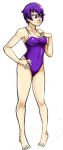 1girl barefoot breasts cleavage competition_swimsuit covered_navel embarrassed full_body highres one-piece_swimsuit persona persona_4 pigeon-toed purple_hair shining_dazzler shirogane_naoto short_hair solo swimsuit toes violet_eyes 