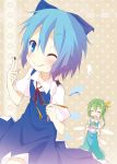  2girls ;q blue_eyes blue_hair bow cirno daiyousei green_hair hair_bow highres ice ice_wings ichihina licking multiple_girls one_eye_closed short_hair side_ponytail smile sweatdrop tongue tongue_out touhou wings 