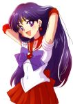  1girl :d armpits arms_behind_head bishoujo_senshi_sailor_moon black_hair choker earrings hino_rei jewelry long_hair looking_at_viewer matyaha official_style open_mouth pleated_skirt purple_bow purple_hair red_skirt sailor_mars skirt smile star star_earrings very_long_hair violet_eyes white_background 