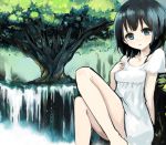  1girl bare_legs black_hair blue_eyes blush dress morina_nao original sitting solo tree water waterfall 