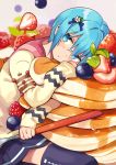  1girl blue_hair blueberry food fruit glasses hair_ornament hairclip ninomoto original oversized_object pancake short_hair skirt solo strawberry sweater tagme 