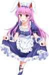  1girl alternate_costume animal_ears apron collarbone curtsey dress e.o. enmaided high_heels highres long_hair looking_at_viewer maid maid_apron maid_headdress open_mouth purple_hair rabbit_ears red_eyes reisen_udongein_inaba solo touhou wrist_cuffs 