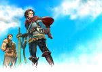  2boys armor belt blue_sky brown_gloves brown_hair cape chainmail earrings from_below gloves hand_on_hip helgi_(reginleiv) hpa_(pixiv) jewelry lace-up multiple_boys muscle planted_sword planted_weapon scabbard sheath sheathed short_hair sigmund_(reginleiv) sky sword weapon wind zangeki_no_reginleiv 