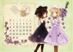  2girls alternate_costume blonde_hair bow brown_eyes brown_hair calendar dress envelope flower hair_bow hat long_hair maribel_hearn multiple_girls ribbon short_hair smile touhou usami_renko violet_eyes yujup 