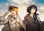  2boys absurdres bamboocm black_eyes black_hair blonde_hair blue_eyes cape clouds forehead_protector gloves hat highres jacket looking_at_viewer military military_uniform multiple_boys naruto necktie open_mouth short_hair sky smile uchiha_sasuke uniform uzumaki_naruto whisker_markings 