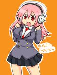  1girl between_breasts breasts cosplay headphones kill_me_baby large_breasts long_hair looking_at_viewer nitroplus open_mouth pink_hair red_eyes school_uniform solo super_sonico 