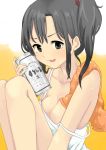  1girl :p alcohol beer black_eyes black_hair breasts can cleavage collarbone large_breasts morina_nao original side_ponytail sitting solo strap_slip tongue tongue_out towel 