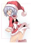  1girl bat_wings hat itamochi one_eye_closed panties pantyshot red_eyes remilia_scarlet santa_costume santa_hat solo touhou underwear white_hair white_panties wings 