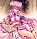  1girl adapted_costume alternate_costume bed bespectacled book bow breasts bun_cover china_dress chinese_clothes crescent double_bun glasses hair_bow highres large_breasts long_hair looking_at_viewer moneti_(daifuku) patchouli_knowledge purple_hair solo touhou violet_eyes 