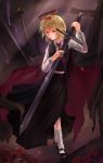  blonde_hair cape cross ex-rumia halo highres light_particles light_rays naoki_yukira red_eyes rumia shirt short_hair skirt sword torn_cape torn_clothes touhou vest weapon 