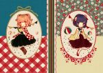  2girls ball bell book bow checkered clothes_writing flower hair_bell hair_flower hair_ornament hieda_no_akyuu japanese_clothes kimono long_sleeves marble motoori_kosuzu multiple_girls purple_hair red_eyes redhead ribbon short_hair smile touhou twintails violet_eyes wide_sleeves yujup 