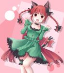  alternate_costume animal_ears bell braid cat_ears cat_tail dress fang frilled_dress frilled_skirt frills green_dress highres k-sk_style kaenbyou_rin long_hair long_sleeves multiple_tails open_mouth red_eyes redhead ribbon simple_background skirt tail tail_ribbon touhou twin_braids 
