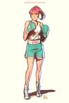  1girl annie_mei annie_mei_project boxing_gloves caleb_thomas full_body green_eyes long_hair original pink_hair ponytail scrunchie shoes shorts smile socks solo tank_top watermark web_address 