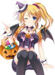  1girl ayase_eli blonde_hair blue_eyes breasts candy collarbone hair_tie halloween harimoji hat looking_at_viewer love_live!_school_idol_project one_eye_closed ponytail smile solo thigh-highs 