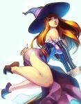  1girl ankle_boots bangs bare_shoulders boots breasts brown_eyes brown_hair bustier detached_sleeves dragon&#039;s_crown hat impossible_clothes large_breasts lips long_hair nose pointy_shoes robert_porter side_slit skirt solo sorceress_(dragon&#039;s_crown) staff swept_bangs vertical_stripes witch_hat 
