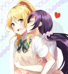  2girls :d ayase_eli blonde_hair blue_eyes blush cheek_kiss closed_eyes green_ribbon heart hug hug_from_behind kiss long_hair looking_at_another love_live!_school_idol_project multiple_girls nochita_shin open_mouth ponytail ribbon school_uniform scrunchie short_sleeves skirt smile toujou_nozomi twintails upside-down vest yuri 