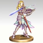  1girl armor armored_dress blonde_hair breastplate circlet fighting_stance forehead freia_(reginleiv) gauntlets gonzarez greaves hairpods highres long_hair nintendo red_eyes shield solo super_smash_bros. sword weapon zangeki_no_reginleiv 