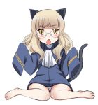  1girl animal_ears bangs bare_legs blonde_hair blunt_bangs blush body_blush cat_ears cat_tail cravat eyebrows glasses jacket kaneko_(novram58) knees_together_feet_apart long_hair long_sleeves looking_at_viewer military military_uniform no_legwear open_mouth oversized_clothes perrine_h_clostermann simple_background sitting sleeves_past_wrists solo strike_witches sweatdrop tail uniform white_background yellow_eyes younger 
