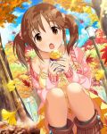  1girl autumn_leaves breasts broom brown_eyes brown_hair cardigan chestnut_mouth collarbone dress eating food from_below idolmaster idolmaster_cinderella_girls lamppost long_sleeves looking_at_viewer off_shoulder open_cardigan open_clothes open_mouth outdoors scrunchie sleeveless sleeveless_dress solo spaghetti_strap squatting totoki_airi tree twintails 