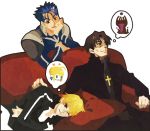  3boys carnival_phantasm couch fate/stay_night fate_(series) gilgamesh grail-kun kotomine_kirei kuroihato lancer multiple_boys saber 