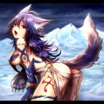  1girl animal_ears ass breasts highres long_hair looking_at_viewer paws pink_eyes purple_hair sideboob solo sukemyon tail 