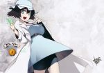  1girl bike_shorts black_hair blue_eyes dress hat highres labcoat shiina_mayuri short_hair signature smile solo steins;gate 