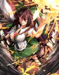  1girl arm_cannon bird_wings black_hair black_wings bow breasts cape energy_ball grin hair_bow large_breasts light_trail red_eyes reiuji_utsuho shirt short_sleeves skirt smile solo symbol-shaped_pupils third_eye touhou uumenn weapon wings 
