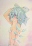  1girl bikini blue_eyes blue_hair bow bust cirno expressionless grey_background hair_bow hand_on_head ice ice_wings looking_at_viewer looking_to_the_side short_hair shoulder_blades solo swimsuit touhou traditional_media watercolor_(medium) white_bikini white_swimsuit wings yuyu_(00365676) 