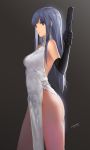 1girl artist_name bangs bare_shoulders black_gloves blue_eyes blue_hair blunt_bangs china_dress chinese_clothes contrapposto dated dress elbow_gloves gloves gun handgun highres kinven long_hair no_panties original payot pistol side_slit solo weapon white_dress