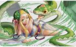  1girl artist_name bare_shoulders blonde_hair breasts chelonia cleavage green_eyes hair_ornament highres japanese_clothes long_hair looking_at_viewer meimei_(p&amp;d) puzzle_&amp;_dragons snake solo turtle_shell 