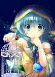  1girl alternate_costume bare_shoulders birdcage butterfly cage chireiden dress glowing green_hair hand_to_own_mouth hood jin_rikuri komeiji_koishi looking_at_viewer silver_hair sleeveless sleeveless_dress solo sparkle star star-shaped_pupils symbol-shaped_pupils third_eye touhou yellow_dress 