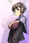  1girl breasts brown_eyes brown_hair gradient gradient_background highres large_breasts looking_at_viewer original parted_lips purple_background short_hair solo white_background yaziri zoom_layer 