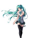  1girl aqua_hair floating_hair green_eyes green_hair hatsune_miku highres long_hair necktie simple_background skirt solo tattoo thigh-highs twintails very_long_hair vocaloid white_background 