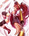  1girl bare_shoulders boots brown_legwear detached_sleeves dress fighting_stance knee_boots lain long_hair looking_at_viewer magical_girl mahou_shoujo_madoka_magica mouth_hold pink_eyes pocky polearm ponytail red_dress red_eyes sakura_kyouko solo spear thigh-highs very_long_hair weapon wide_sleeves 