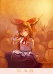  1girl bow chain closed_eyes cup gourd hair_bow horn_ribbon horns ibuki_suika long_hair nihimaru orange_hair ribbon smile solo touhou 