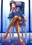  1girl black_hair chair chin_rest crossed_legs formal highres legs necktie original red_shoes shoes sitting skirt_suit solo soon suit thigh-highs window 