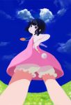  1girl black_hair blue_eyes carrot carrot_necklace clouds dress inaba_tewi nihimaru no_ears short_hair sky solo sundress tail touhou 