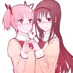  2girls akemi_homura blush earrings gradient hair_ribbon headband heart heart_hands heart_hands_duo jewelry juliet_sleeves kaname_madoka long_sleeves looking_at_another looking_at_viewer mahou_shoujo_madoka_magica multiple_girls only_norisu puffy_sleeves red_ribbon ribbon school_uniform simple_background smile twintails yuri 