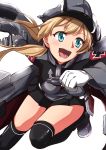  1girl anchor_symbol aqua_eyes black_legwear black_skirt blonde_hair clenched_hand gloves hat highres iron_cross kakileaf kantai_collection long_sleeves machinery military military_hat military_uniform miniskirt one_leg_raised peaked_cap pleated_skirt prinz_eugen_(kantai_collection) running skirt solo thigh-highs twintails uniform white_background white_gloves 